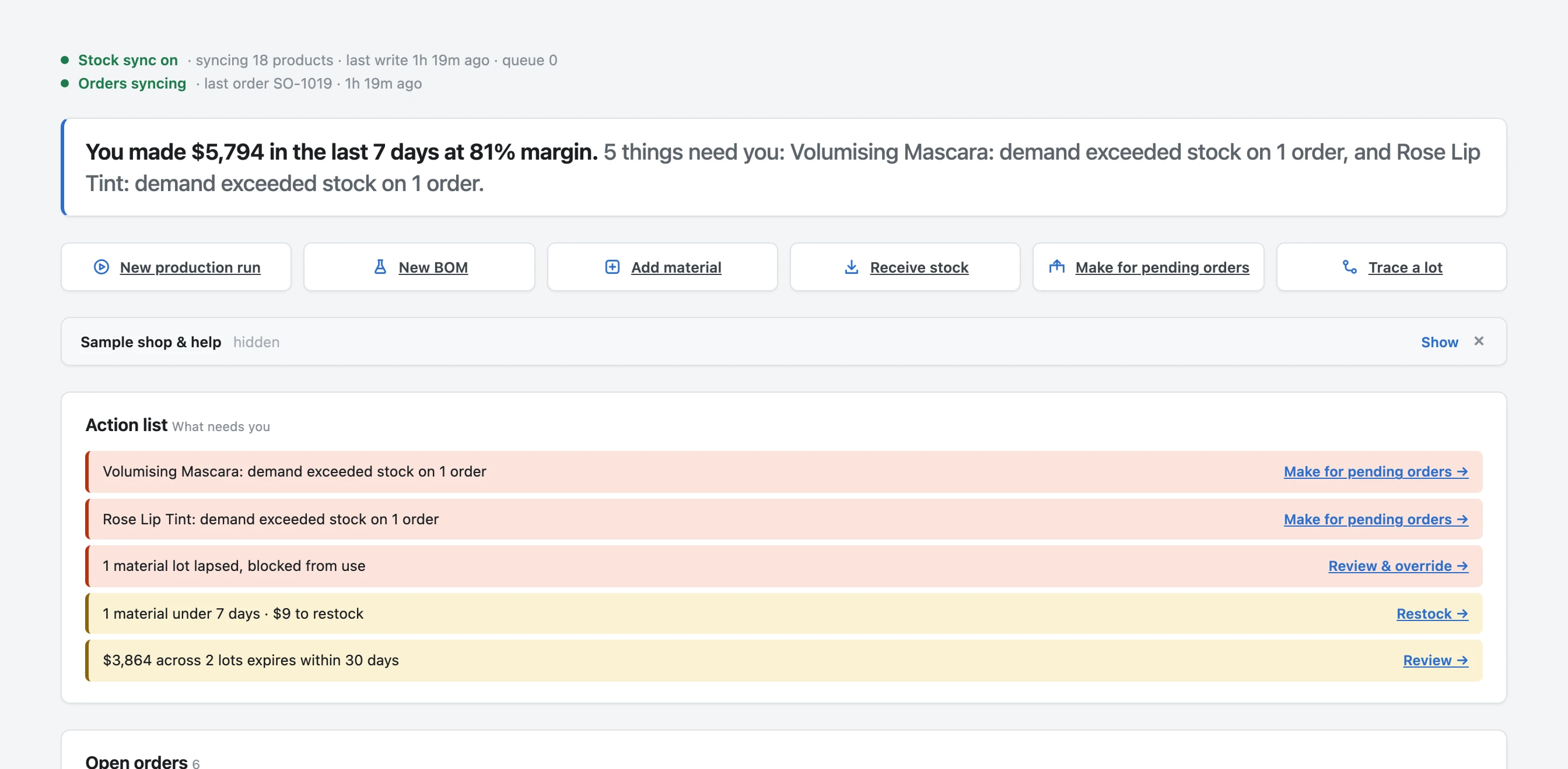 Atlessa home: weekly revenue and margin, quick actions, and the action list of what needs you